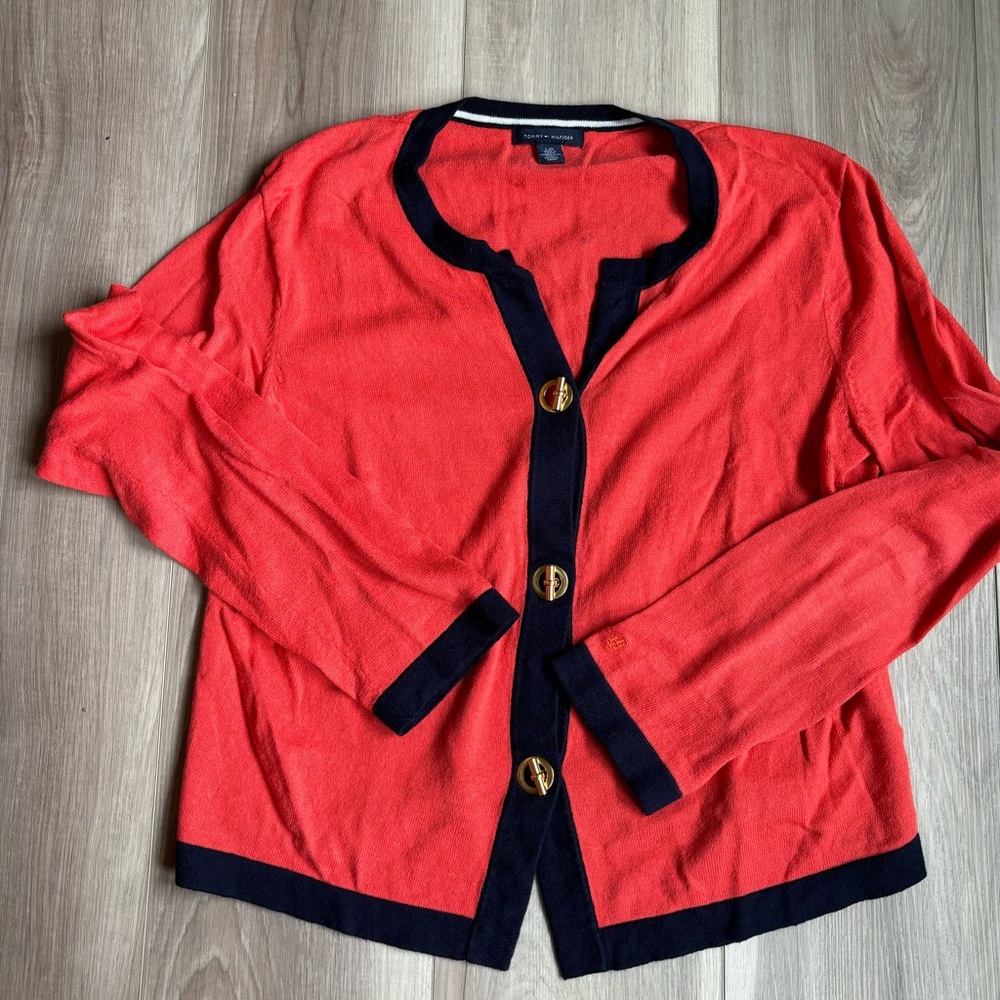 Tommy Hilfiger Coral Red and Navy Trim Cardigan